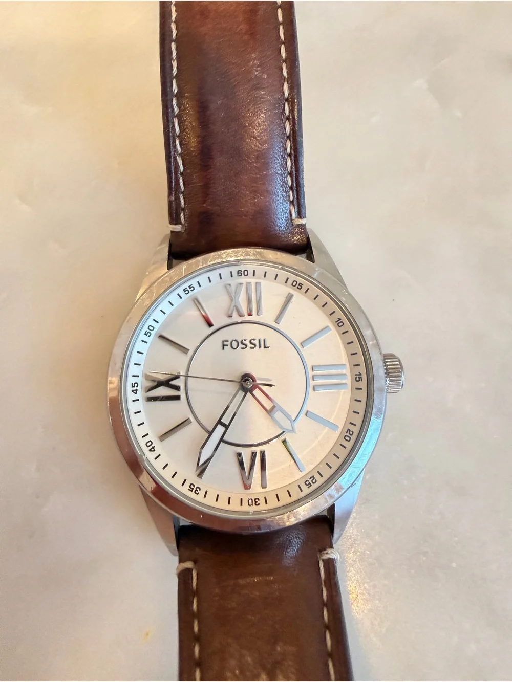 Fossil Men's Silver Dial Watch with Brown Leather Strap